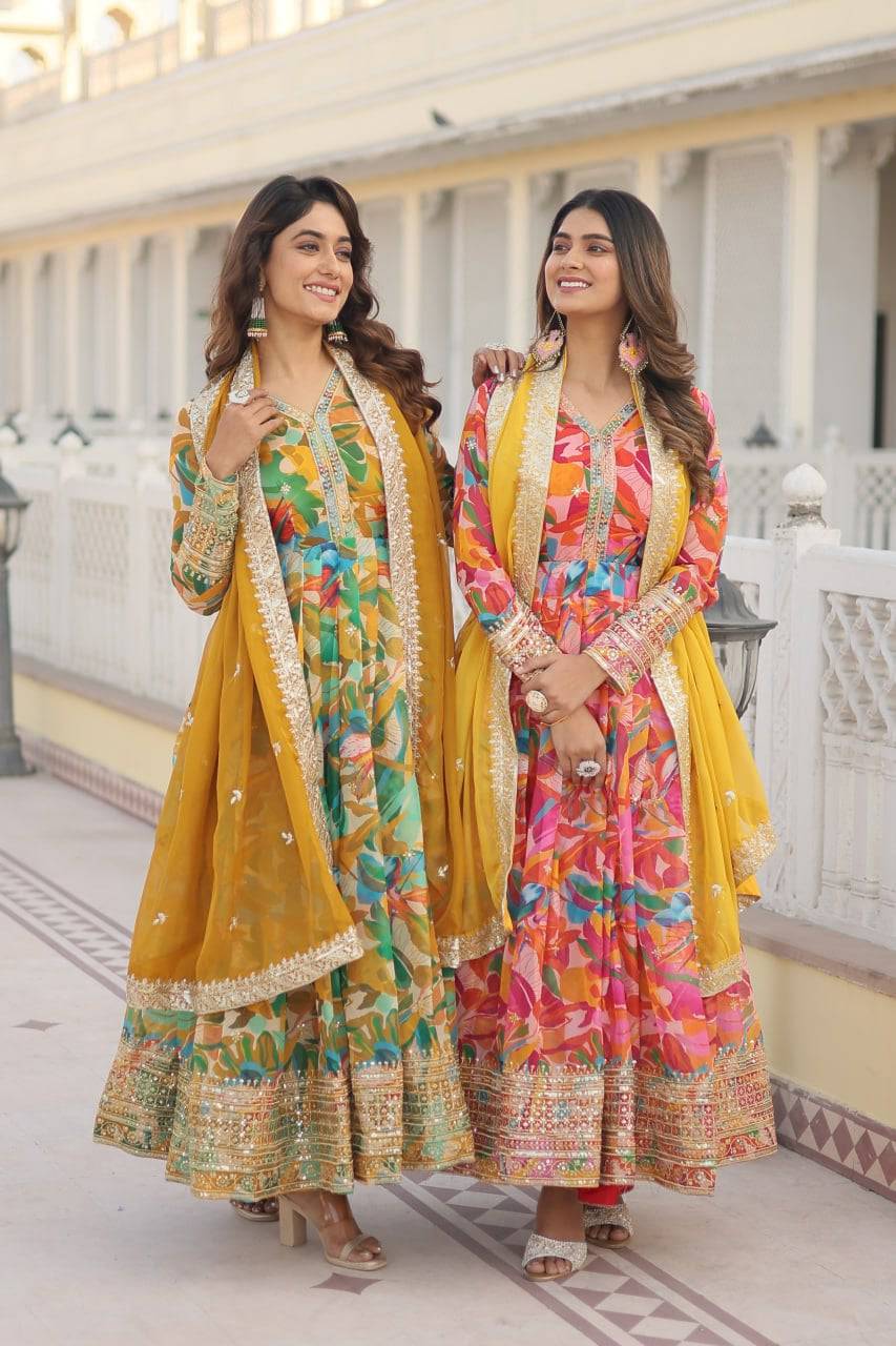 Ethereal Russian Silk Floral Printed Sequins Worked Gown - INDIAN ELEGANCE