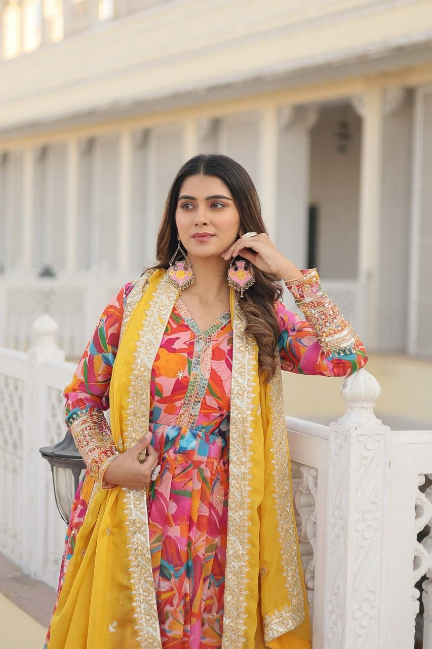 Ethereal Russian Silk Floral Printed Sequins Worked Gown - INDIAN ELEGANCE