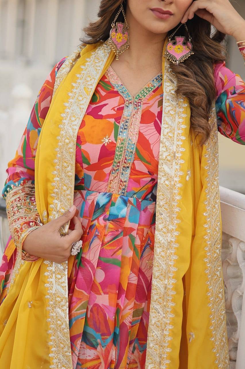 Ethereal Russian Silk Floral Printed Sequins Worked Gown - INDIAN ELEGANCE