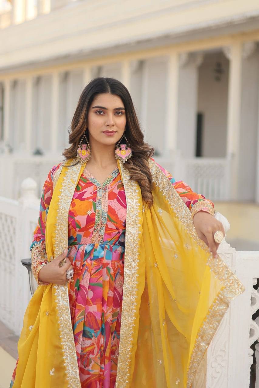 Ethereal Russian Silk Floral Printed Sequins Worked Gown - INDIAN ELEGANCE