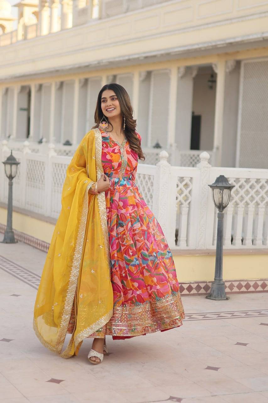 Ethereal Russian Silk Floral Printed Sequins Worked Gown - INDIAN ELEGANCE