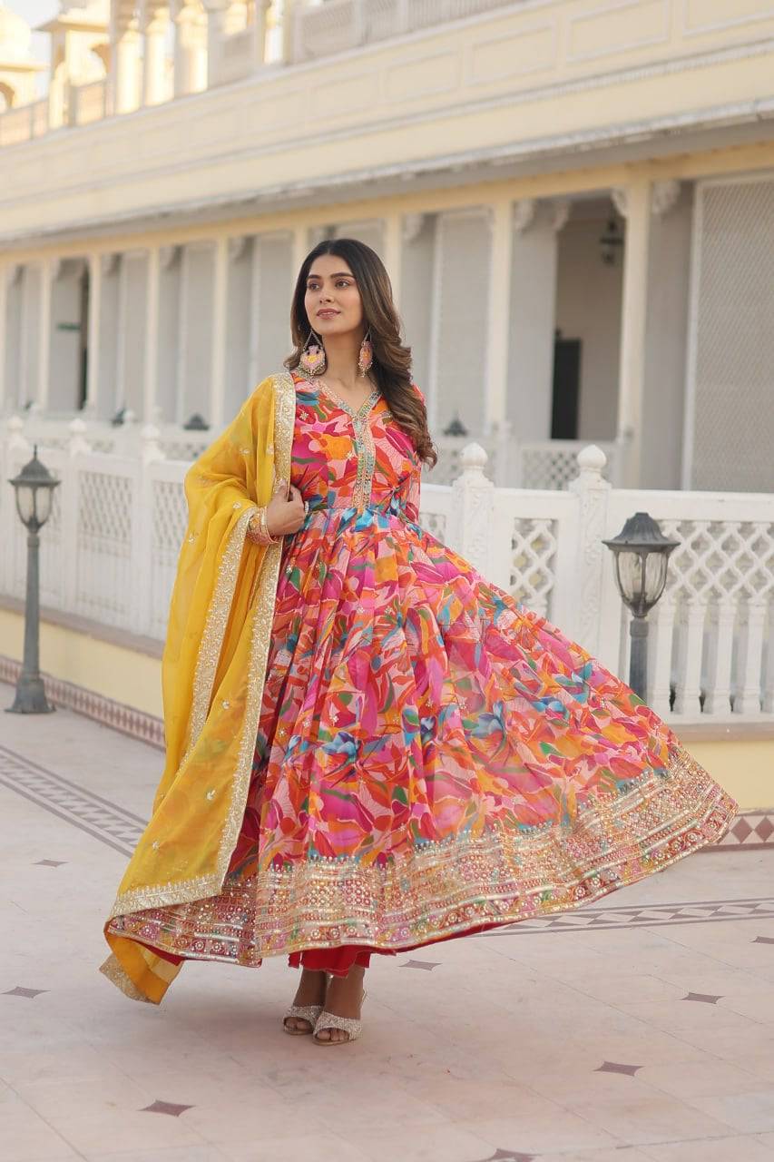 Ethereal Russian Silk Floral Printed Sequins Worked Gown - INDIAN ELEGANCE