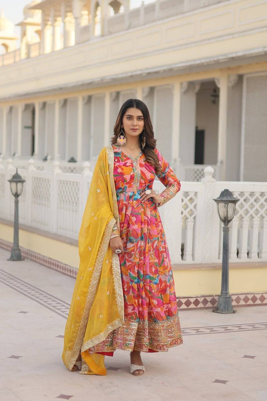Ethereal Russian Silk Floral Printed Sequins Worked Gown - INDIAN ELEGANCE
