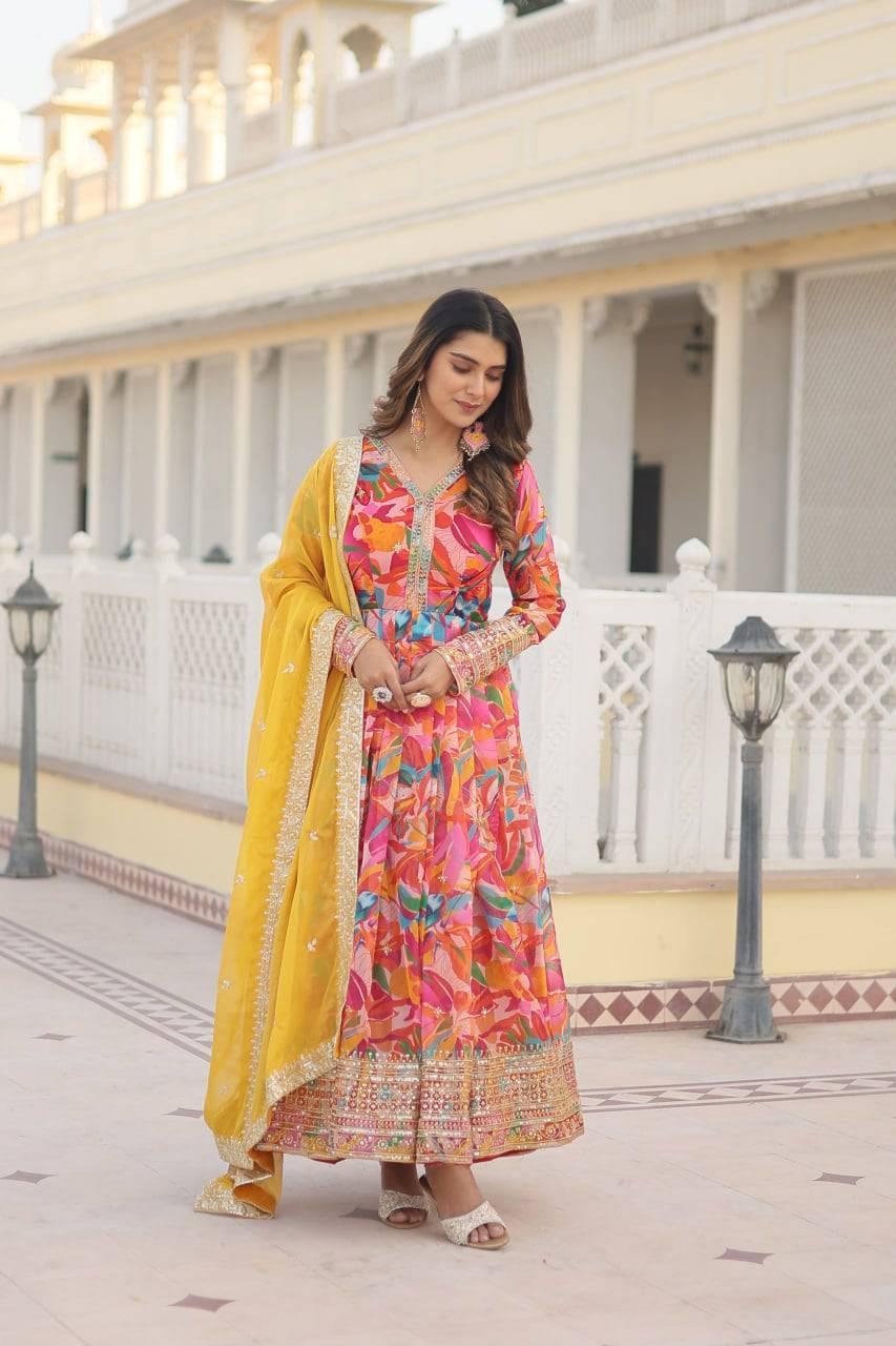 Ethereal Russian Silk Floral Printed Sequins Worked Gown - INDIAN ELEGANCE