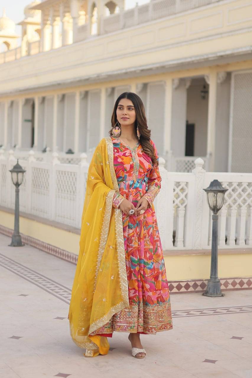 Ethereal Russian Silk Floral Printed Sequins Worked Gown - INDIAN ELEGANCE
