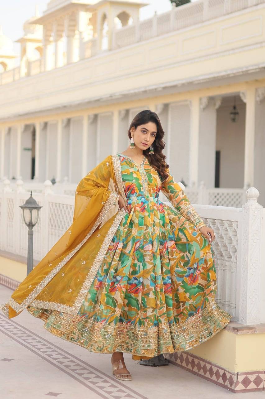 Ethereal Russian Silk Floral Printed Sequins Worked Gown - INDIAN ELEGANCE