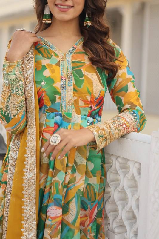 Ethereal Russian Silk Floral Printed Sequins Worked Gown - INDIAN ELEGANCE