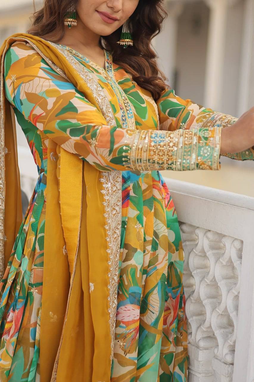 Ethereal Russian Silk Floral Printed Sequins Worked Gown - INDIAN ELEGANCE
