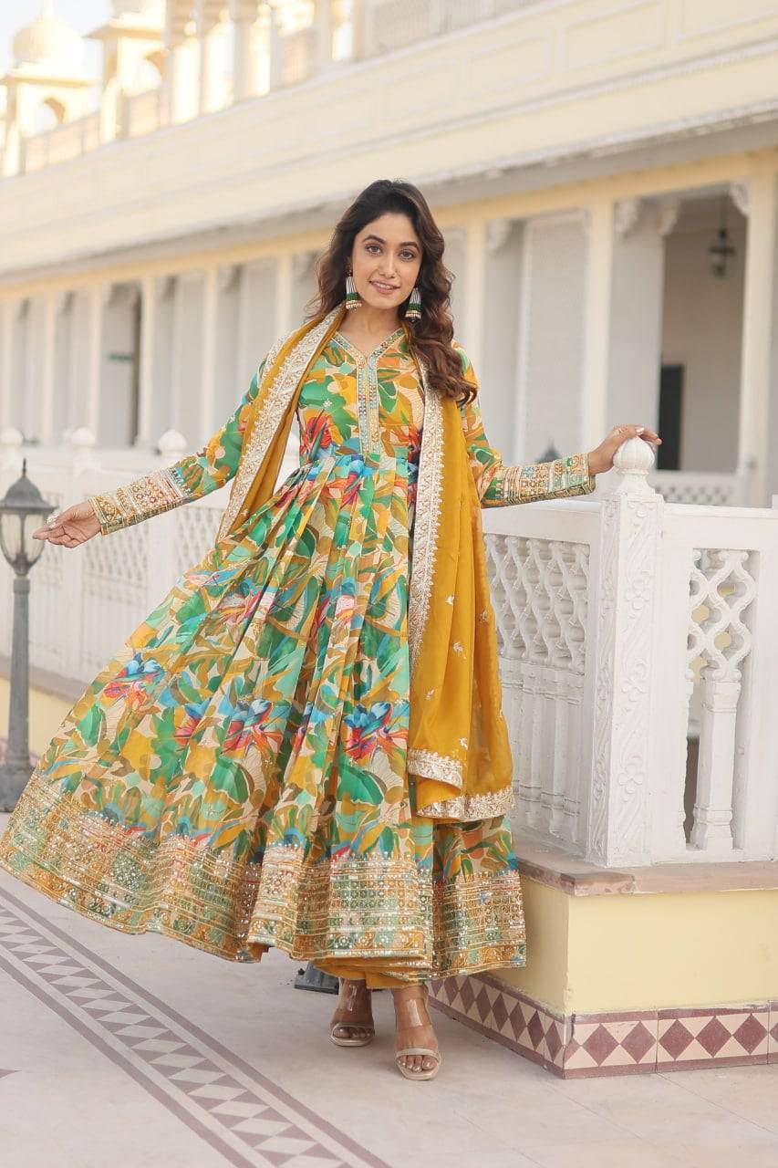 Ethereal Russian Silk Floral Printed Sequins Worked Gown - INDIAN ELEGANCE