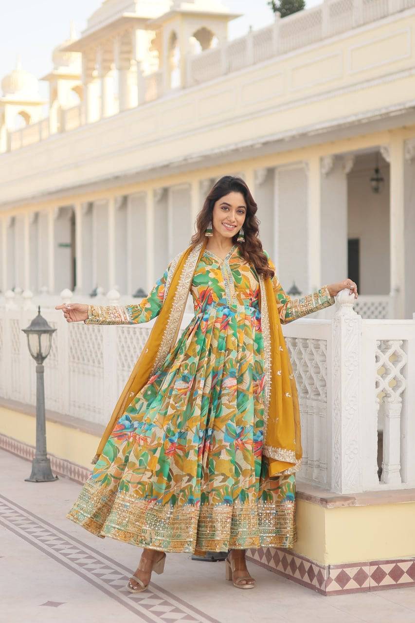 Ethereal Russian Silk Floral Printed Sequins Worked Gown - INDIAN ELEGANCE