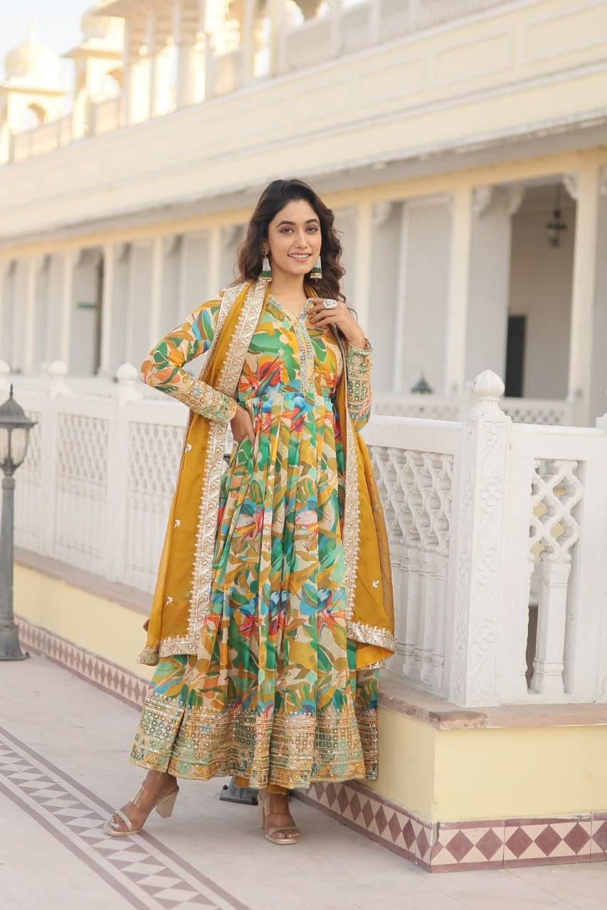 Ethereal Russian Silk Floral Printed Sequins Worked Gown - INDIAN ELEGANCE