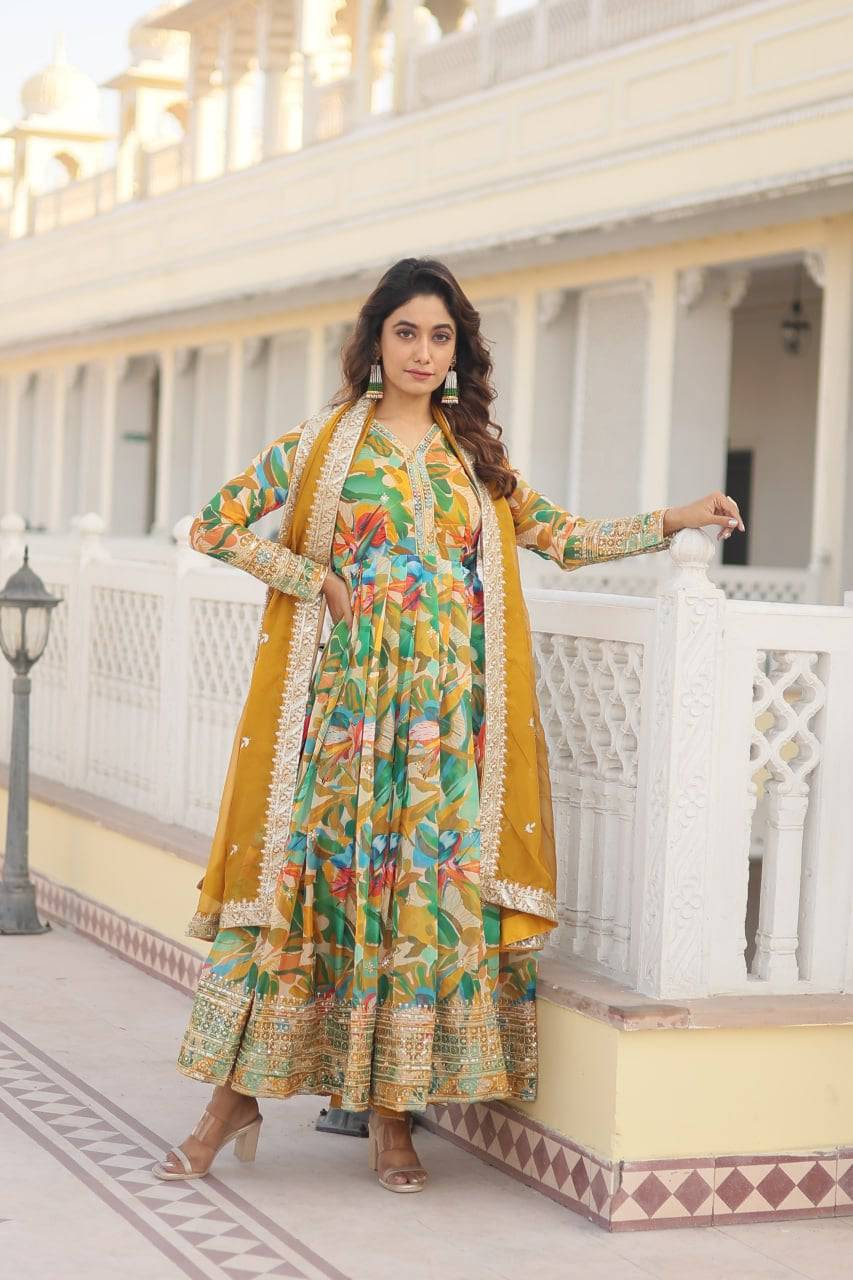 Ethereal Russian Silk Floral Printed Sequins Worked Gown - INDIAN ELEGANCE