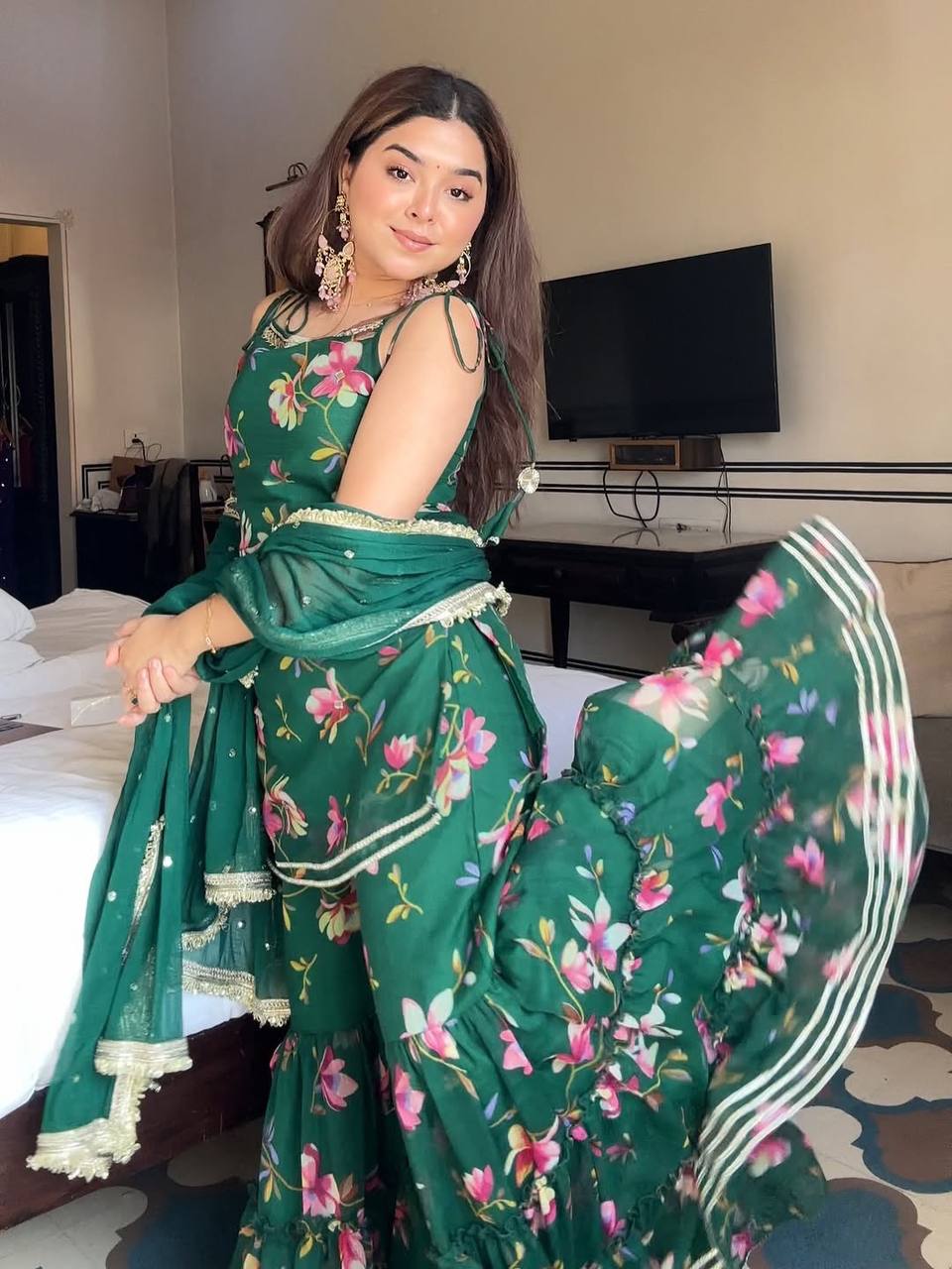 Trendy Floral Hand Printed Green Sharara Set with Dupatta