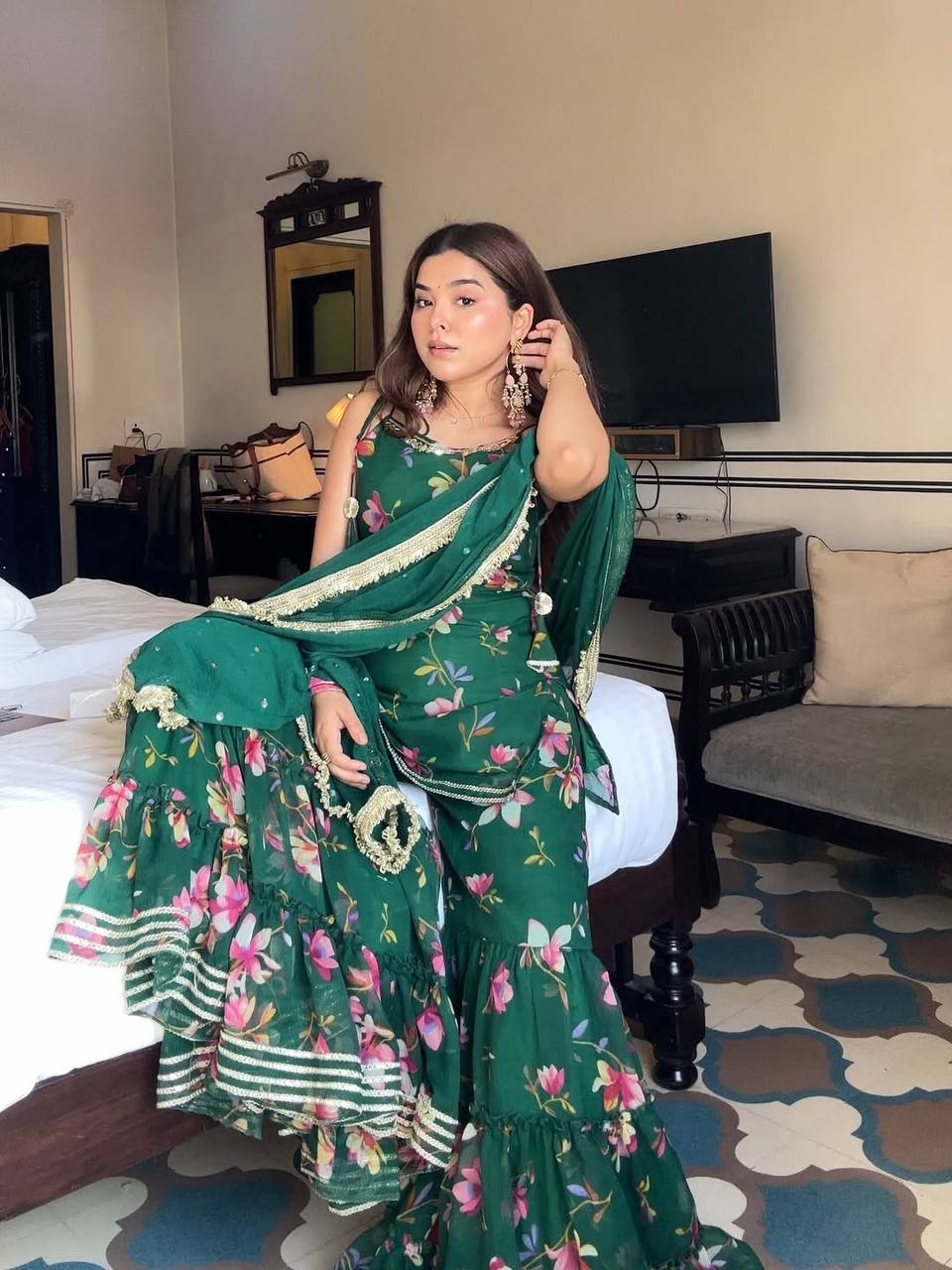 Trendy Floral Hand Printed Green Sharara Set with Dupatta