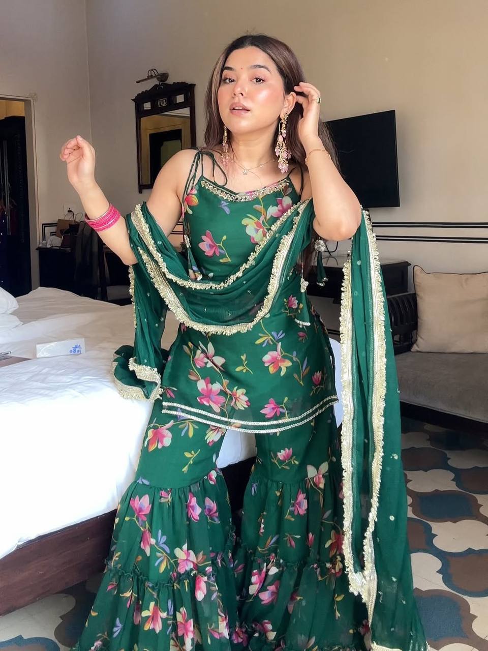 Trendy Floral Hand Printed Green Sharara Set with Dupatta