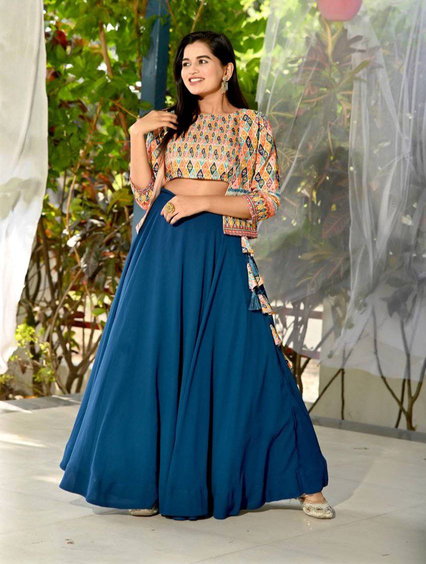 Navy Blue Faux Georgette Digital Printed Lehenga Blouse Koti Set - INDIAN ELEGANCE