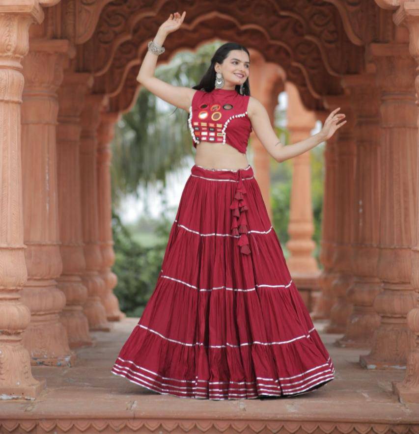 Flourishing Red Navratri Wear Gota Patti Mirror Worked Lehenga Choli - INDIAN ELEGANCE