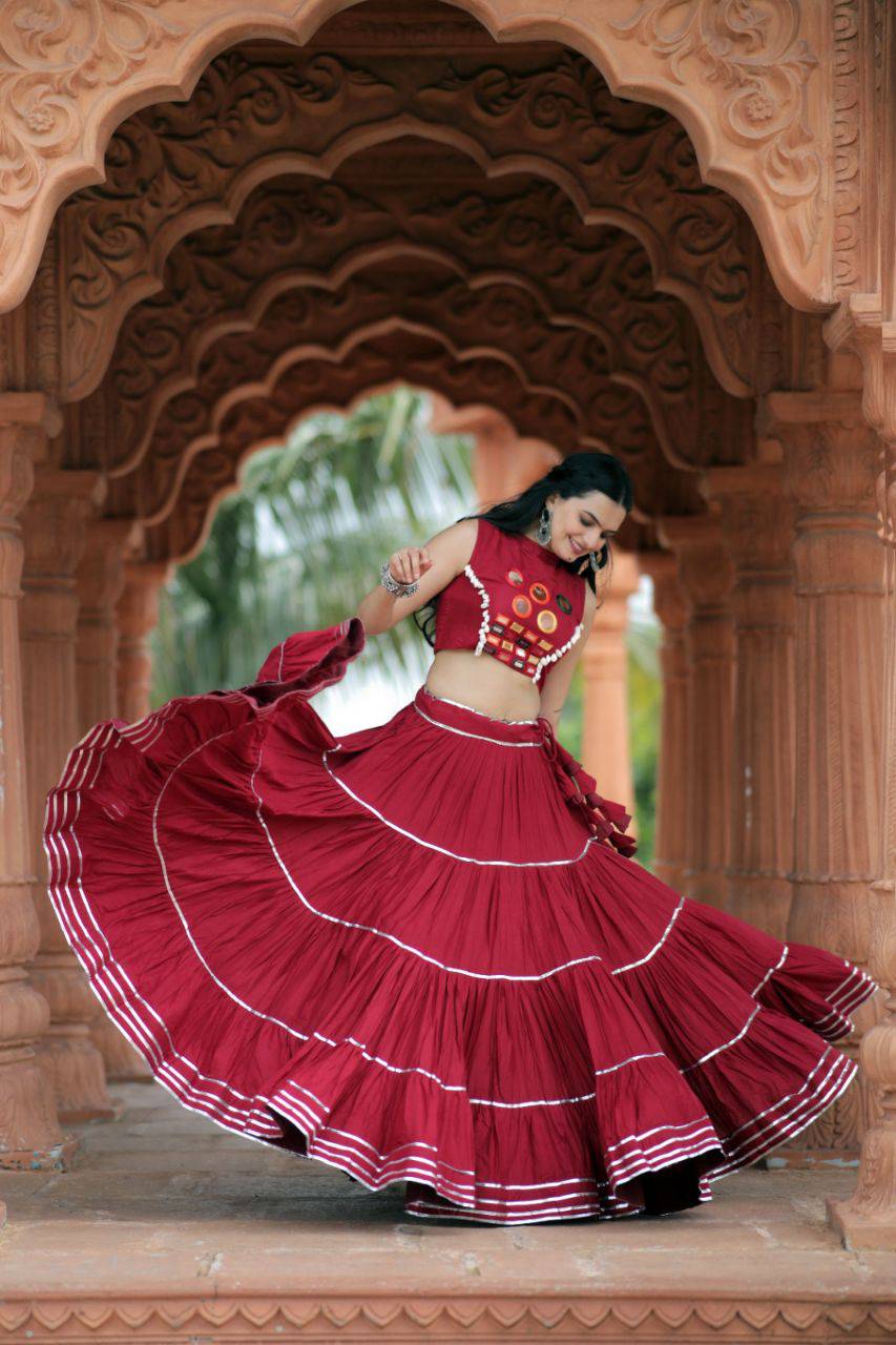 Flourishing Red Navratri Wear Gota Patti Mirror Worked Lehenga Choli - INDIAN ELEGANCE