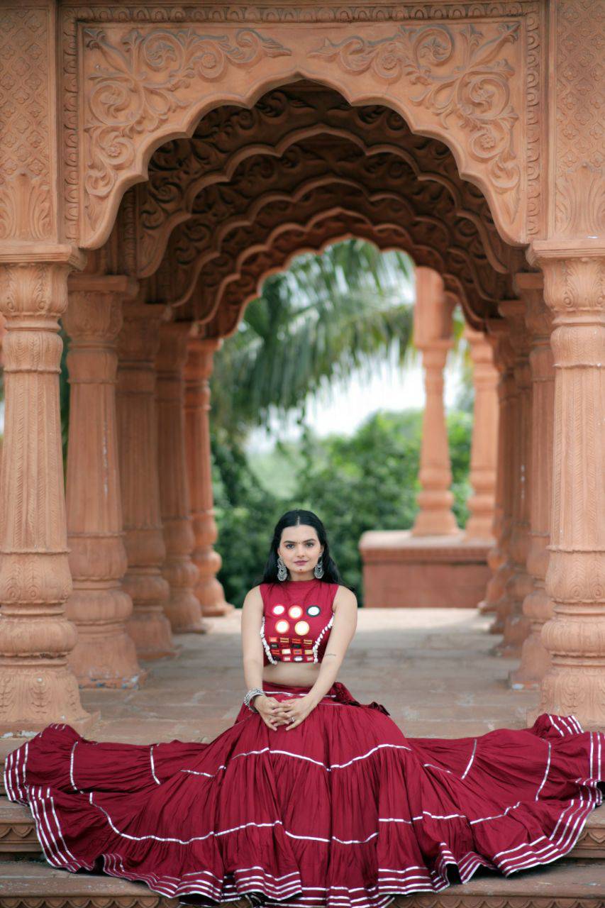 Flourishing Red Navratri Wear Gota Patti Mirror Worked Lehenga Choli - INDIAN ELEGANCE
