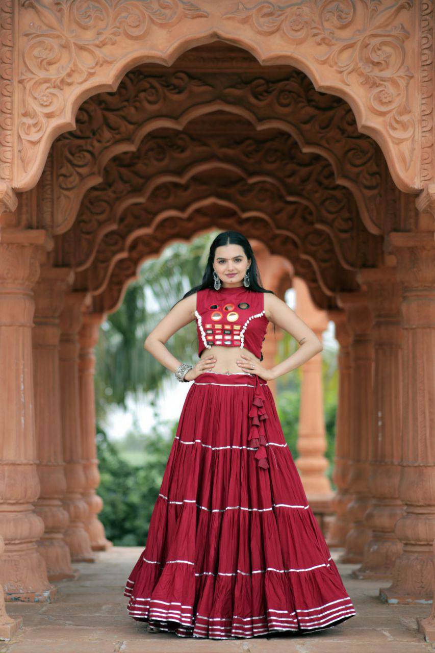 Flourishing Red Navratri Wear Gota Patti Mirror Worked Lehenga Choli - INDIAN ELEGANCE