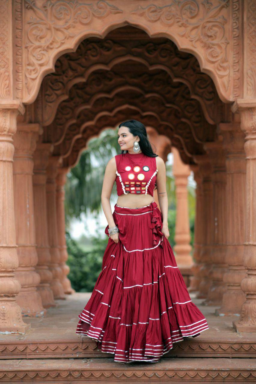 Flourishing Red Navratri Wear Gota Patti Mirror Worked Lehenga Choli - INDIAN ELEGANCE