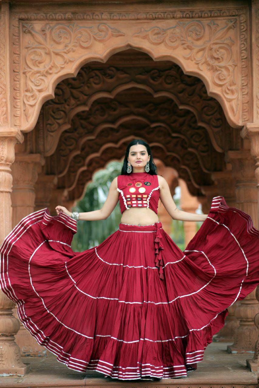 Flourishing Red Navratri Wear Gota Patti Mirror Worked Lehenga Choli - INDIAN ELEGANCE