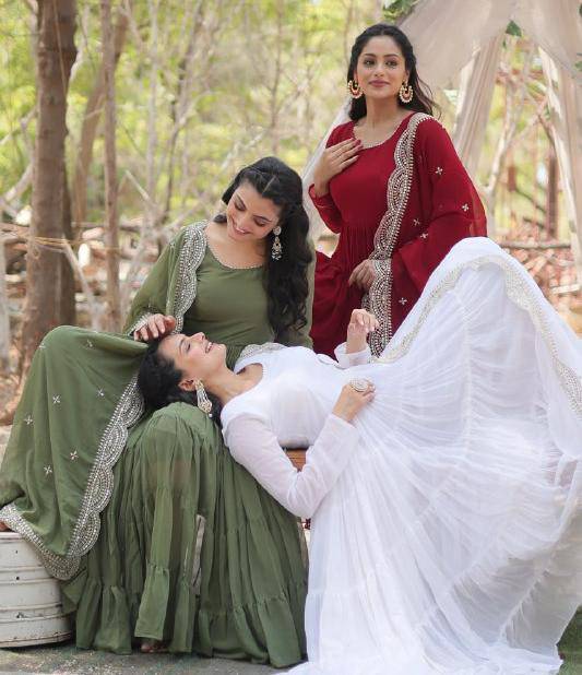 Delightful Faux Georgette 15 Meter Flared Fully Stitched Ruffle Gown - INDIAN ELEGANCE
