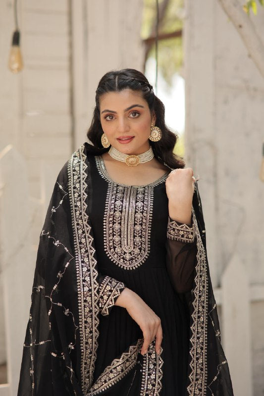Enchanting Faux Georgette Fully Stitched Designer Gown With Dupatta - INDIAN ELEGANCE