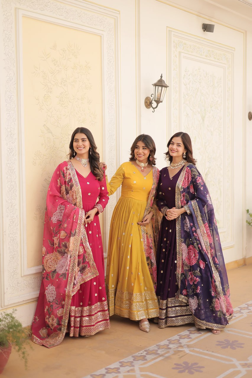 Entrancing Faux Georgette Zari Sequins Worked Designer Gown - INDIAN ELEGANCE