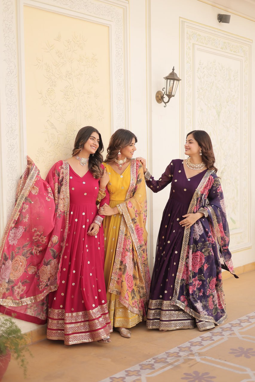 Entrancing Faux Georgette Zari Sequins Worked Designer Gown - INDIAN ELEGANCE