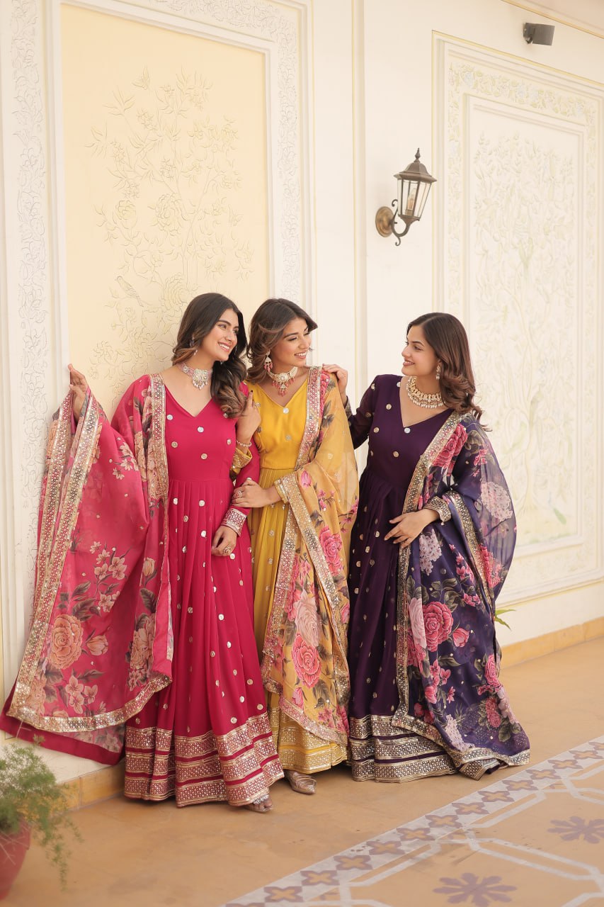 Entrancing Faux Georgette Zari Sequins Worked Designer Gown - INDIAN ELEGANCE