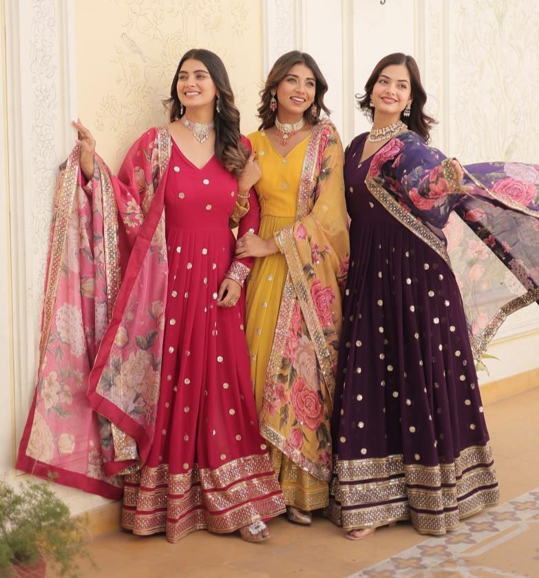 Entrancing Faux Georgette Zari Sequins Worked Designer Gown - INDIAN ELEGANCE