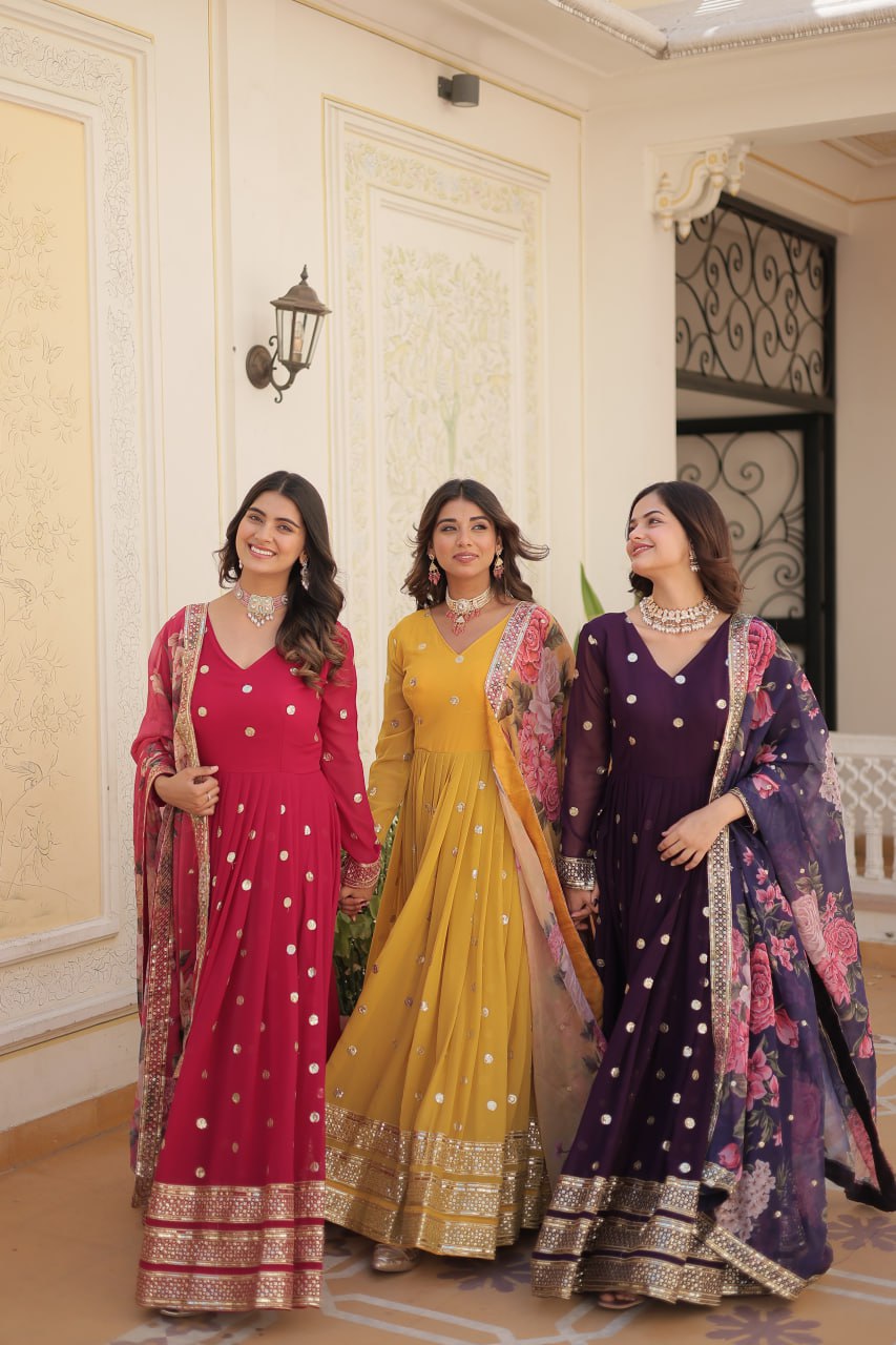 Entrancing Faux Georgette Zari Sequins Worked Designer Gown - INDIAN ELEGANCE