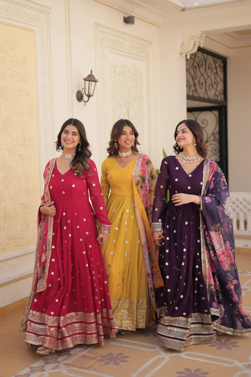 Entrancing Faux Georgette Zari Sequins Worked Designer Gown - INDIAN ELEGANCE