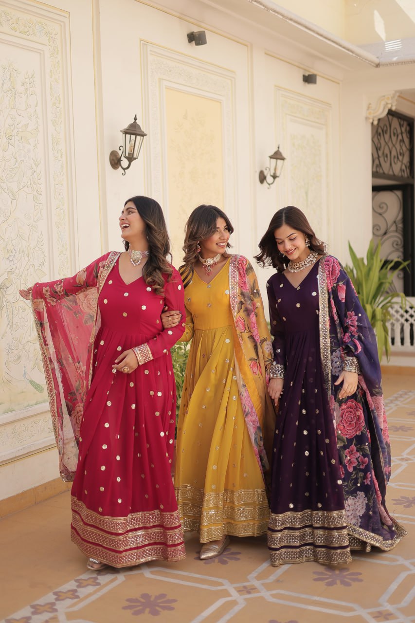 Entrancing Faux Georgette Zari Sequins Worked Designer Gown - INDIAN ELEGANCE