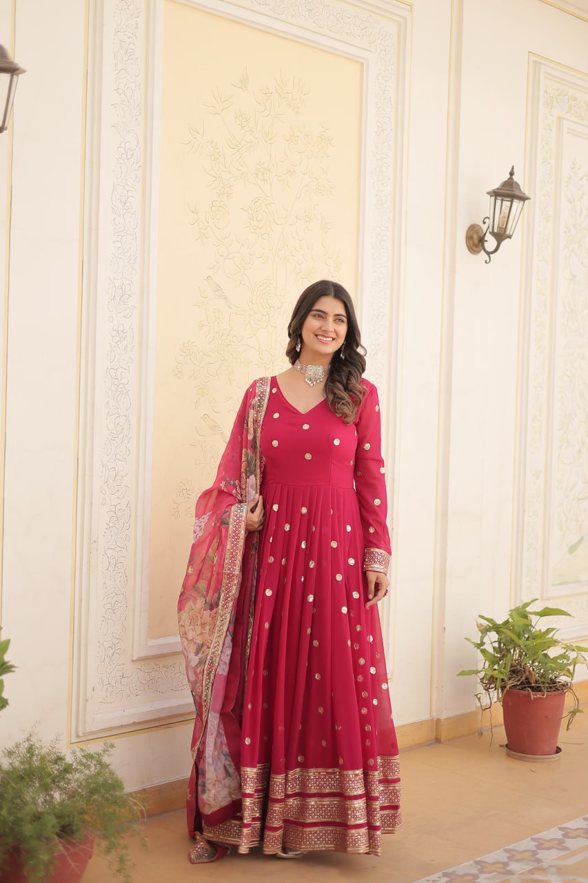 Entrancing Faux Georgette Zari Sequins Worked Designer Gown - INDIAN ELEGANCE