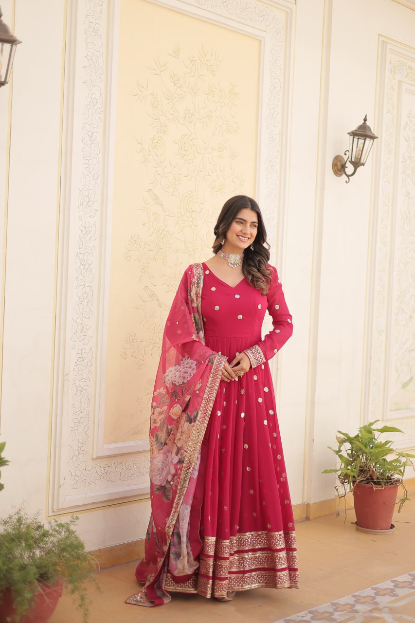 Entrancing Faux Georgette Zari Sequins Worked Designer Gown - INDIAN ELEGANCE