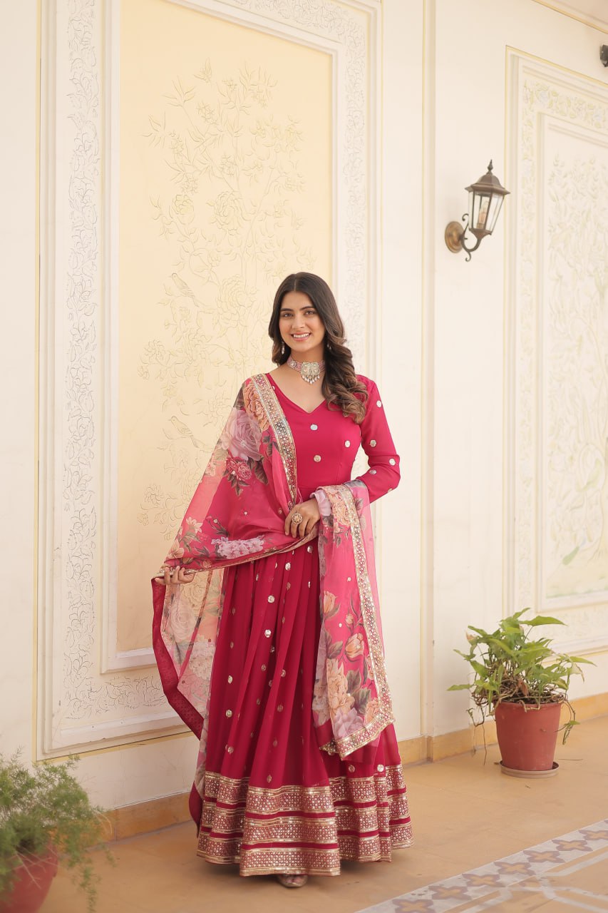 Entrancing Faux Georgette Zari Sequins Worked Designer Gown - INDIAN ELEGANCE