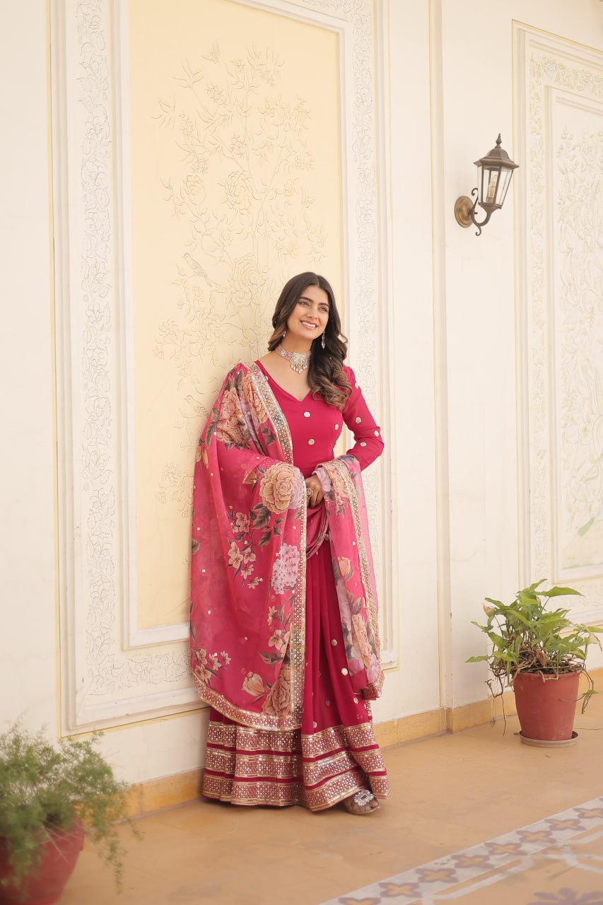 Entrancing Faux Georgette Zari Sequins Worked Designer Gown - INDIAN ELEGANCE