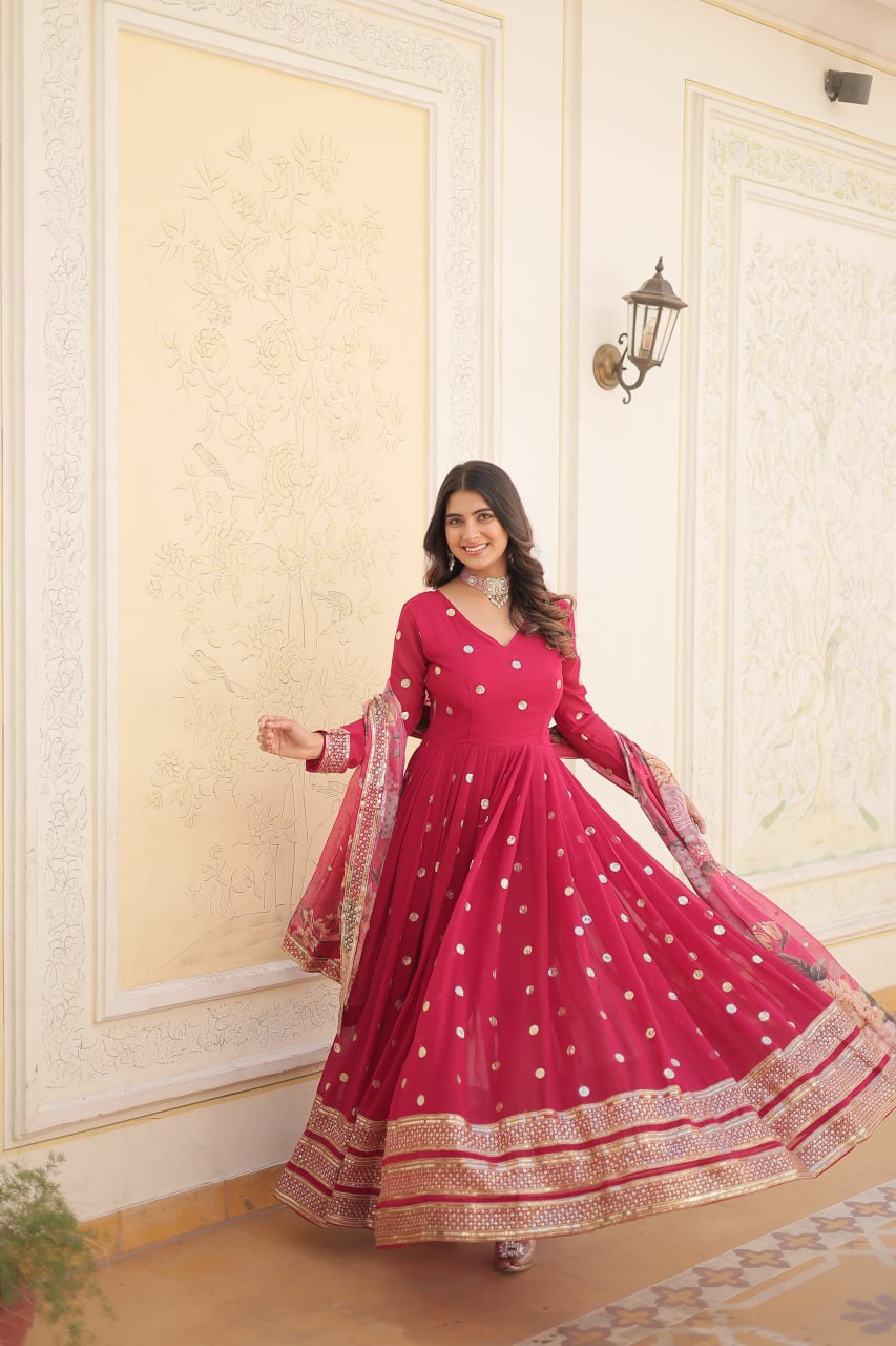 Entrancing Faux Georgette Zari Sequins Worked Designer Gown - INDIAN ELEGANCE
