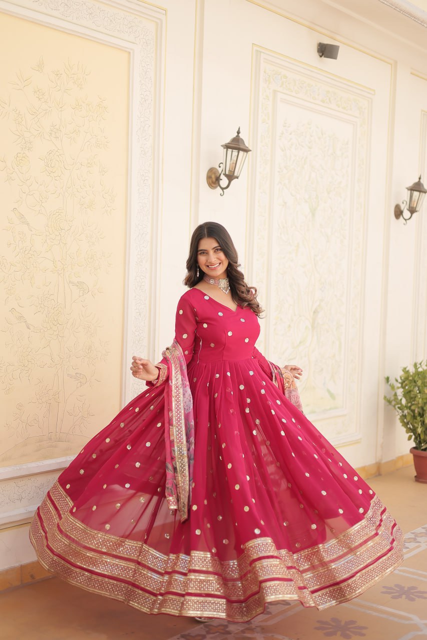 Entrancing Faux Georgette Zari Sequins Worked Designer Gown - INDIAN ELEGANCE