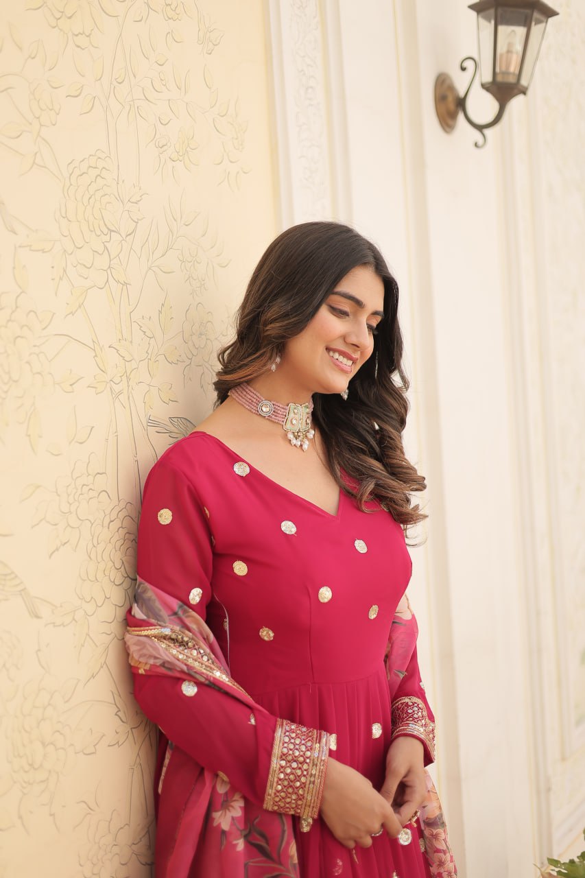 Entrancing Faux Georgette Zari Sequins Worked Designer Gown - INDIAN ELEGANCE