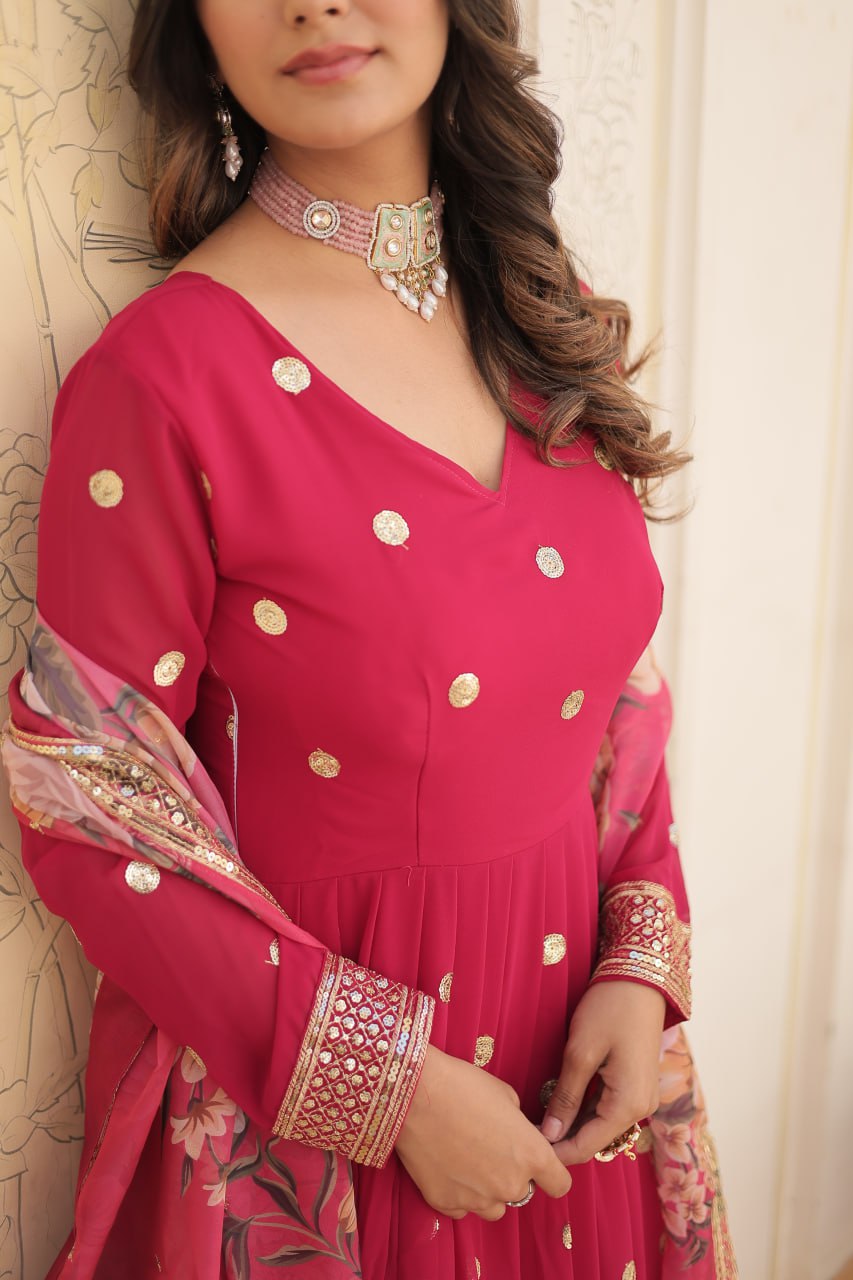 Entrancing Faux Georgette Zari Sequins Worked Designer Gown - INDIAN ELEGANCE