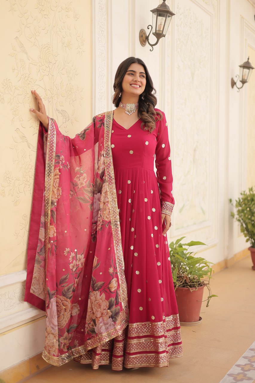 Entrancing Faux Georgette Zari Sequins Worked Designer Gown - INDIAN ELEGANCE