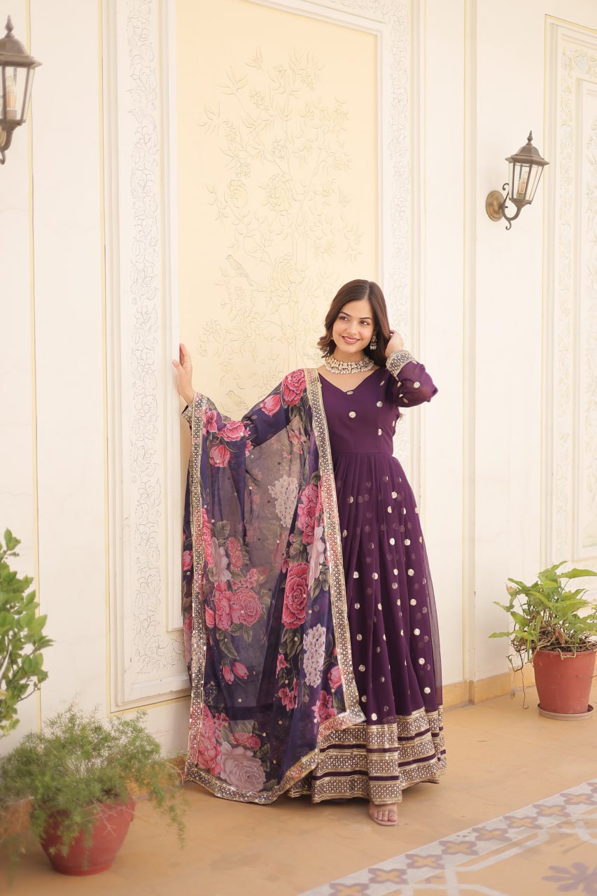 Entrancing Faux Georgette Zari Sequins Worked Designer Gown - INDIAN ELEGANCE