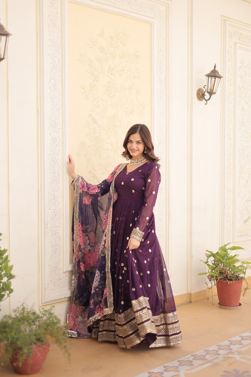 Entrancing Faux Georgette Zari Sequins Worked Designer Gown - INDIAN ELEGANCE