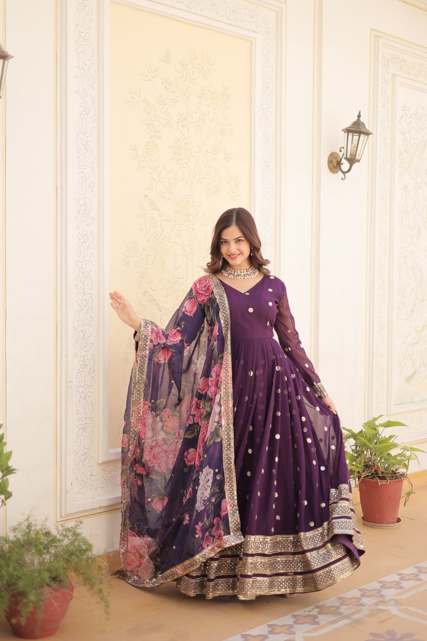 Entrancing Faux Georgette Zari Sequins Worked Designer Gown - INDIAN ELEGANCE