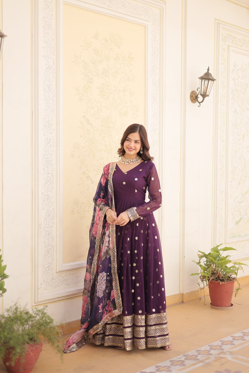 Entrancing Faux Georgette Zari Sequins Worked Designer Gown - INDIAN ELEGANCE