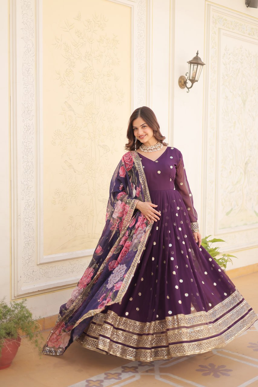 Entrancing Faux Georgette Zari Sequins Worked Designer Gown - INDIAN ELEGANCE