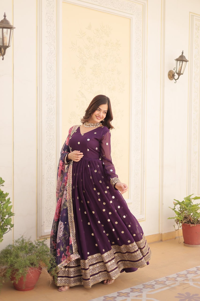 Entrancing Faux Georgette Zari Sequins Worked Designer Gown - INDIAN ELEGANCE